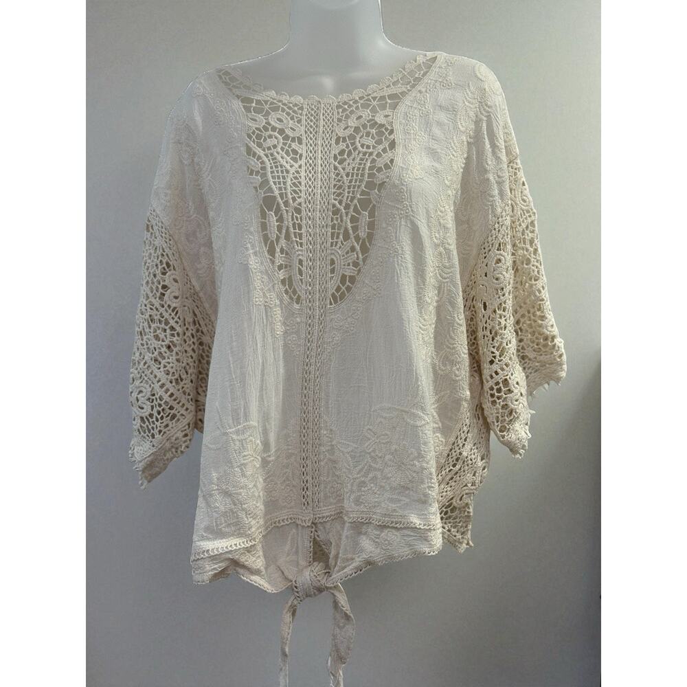 Democracy Womens Blouse Small Ivory Lace Crochet Boho Sheer Peasant TopTie Front